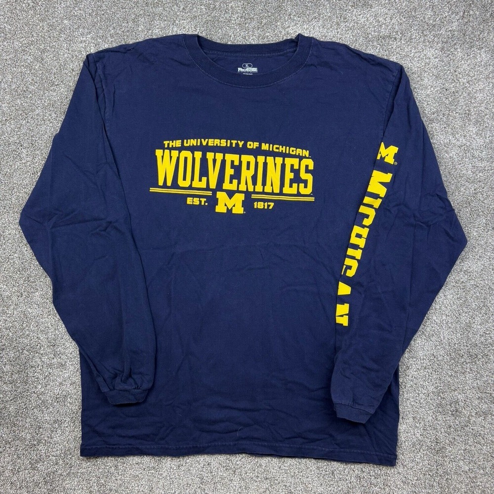Michigan Wolverines Shirt Mens XL Navy Blue Long Sleeve Center Logo Spell Out